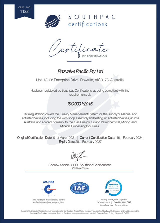 Razvalve Pacific ISO9001 Certificate